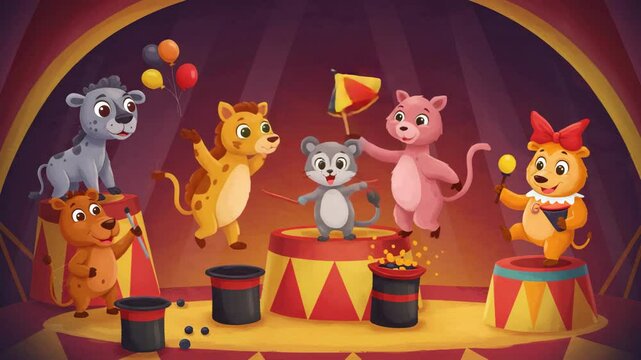 Animated Circus Performance Featuring Playful Animals Under A Tent Setting with Bright Colors
