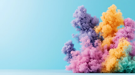 Explosion of Colorful Cloud Like Smoke on a Light Blue Background A Digital Artistic Render