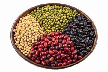 Colorful Legumes: Soybean, Mung Bean, Black Soybean, Red Bean, Pea Mix in Bowl - Top View