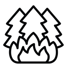 Fire in forest line icon, climate change concept. Vector graphics. Fir tree forest with wildfire, danger sign on white background, style for mobile or design.