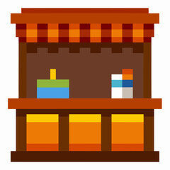 A wooden counter with a sign that says "Open" on it