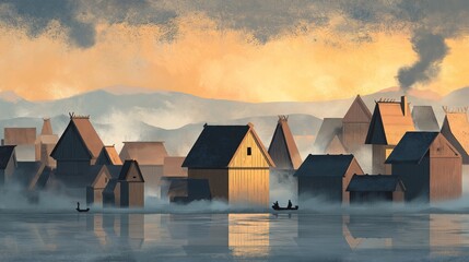 Village on the Water: A tranquil scene of riverside homes at dusk.