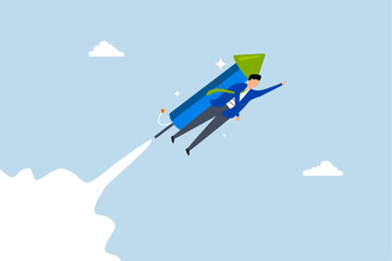 Boost business growth, businessman flying high with fast firework in the sky.
