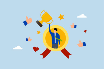 Employee of the month award winner, success businessman holding trophy badge.