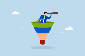 Marketing funnel sales prospect discovery, businessman look binoculars in marketing funnel.