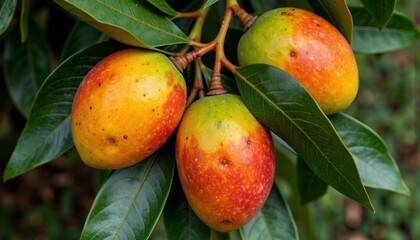 Obraz premium Ripe mangoes hanging on green leaves 