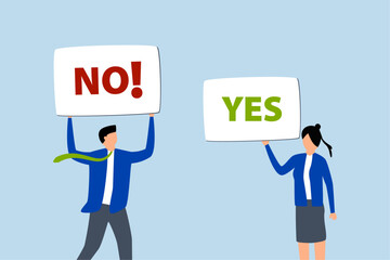Yes, No argument or disagreement, businessman and woman arguing or fight with yes and no sign.