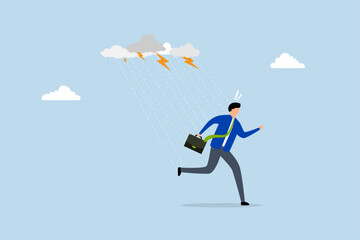 Runaway from crisis, businessman run away from thunder storm raining.