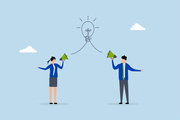 Communication message, business people talk on megaphone with idea.