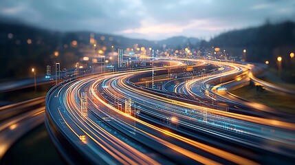 Futuristic highway network at twilight.  Urban cityscape with dynamic light trails and digital overlays