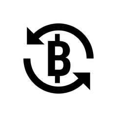 Black bitcoin symbol with a circular arrow indicating exchange or transaction on a white background design element