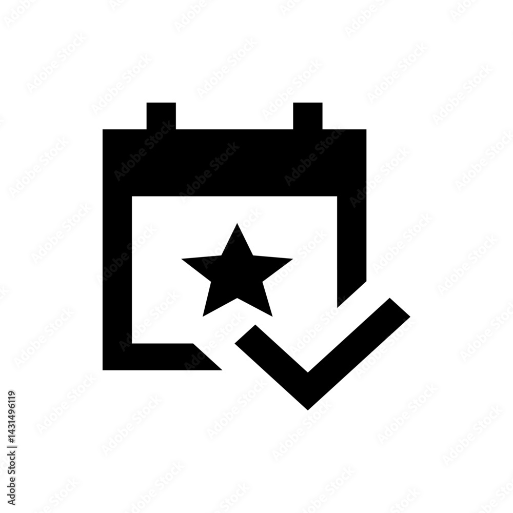 Poster black calendar icon with a star inside and a check mark below indicating a scheduled event of import