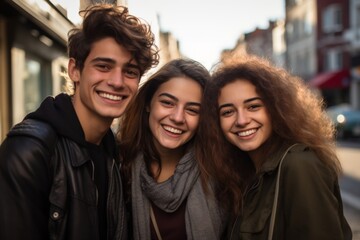 Obraz premium Smiling three young friends posing for a shot in the city