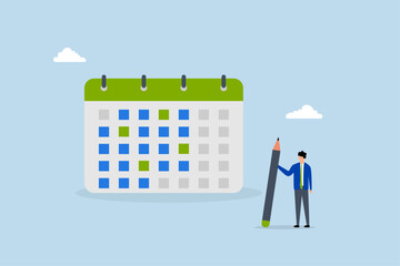 Calendar schedule, businessman hold pencil thinking with calendar schedule plan.