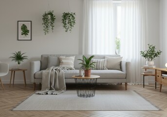 Living room interior with gray sofa, plants, pillows and rug with natural light