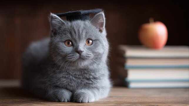 Adorable grey kitten wearing a graduation cap is lying on a desk with books and an apple, embodying the concept of education and learning