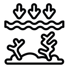 Water surface with underwater flora line icon, ecology concept. Vector graphics. Sea corals and silt, pollution sign on white background, style for mobile or design.