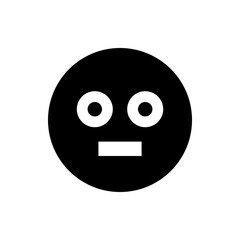 A simple black and white emoticon with a circular face, two round eyes, and a rectangular mouth expressing a neutral mood