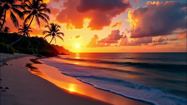 A red sunset on the paradisiacal ocean coast with tropical palm trees and waves of surf. Banner for a travel agency, burning tour, a vacation tour in hotel