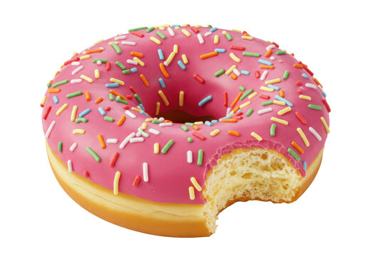A bitten donut with pink frosting and colorful sprinkles on a black background