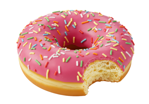 A bitten donut with pink frosting and colorful sprinkles on a black background