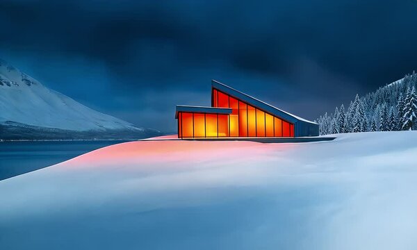 Cozy cabin winter snowscape peaceful tranquil night scene