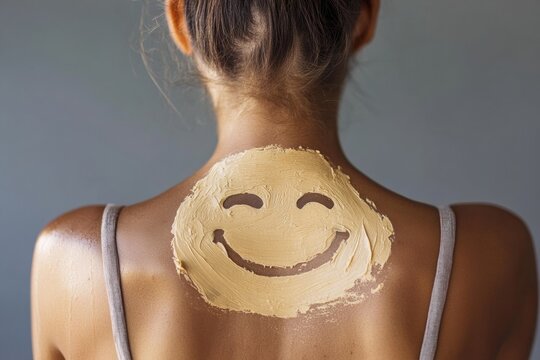 Female wearing tank top with smiley face body mask on back promoting skincare and relaxation