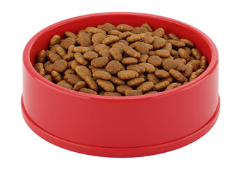 A bright red pet food bowl overflowing with dry kibble on a black background