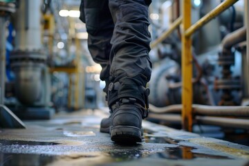 Worker with safety boots in an industrial environment