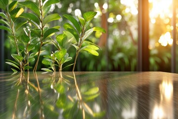 Obraz premium Reflective stainless steel surface showcasing lush greenery at sunset nature photography indoor environment contemporary viewpoint aesthetic concept