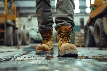 Worker with safety boots in an industrial environment