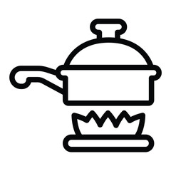 Frying pan with lid on fire line icon, culinary concept. Vector graphics. Cooking pan, gas heating sign on white background, style for mobile or design.