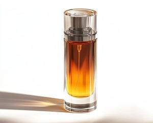 Elegant perfume bottle with amber liquid and light reflections.