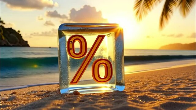 Neon glowing gold percentage sign in ice cube on seashore with tropical palm trees in light of sun, tourist background. Hot summer sale and discounts,  burning tour banner, flyer. 