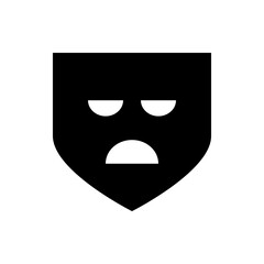 A black shield shape with a sad face featuring two semi circles for eyes and a mouth below them all