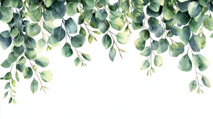 Watercolor eucalyptus branches with lush green leaves elegantly cascade across a pristine white background, evoking a sense of natural serenity and botanical beauty.