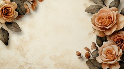 An elegant watercolor bouquet in the corner with beige roses and brown leaves creates a soft, artistic border for a beautifully textured background image.