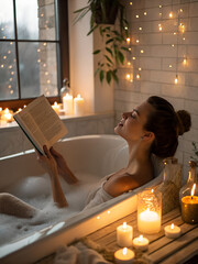 Peaceful scene of a woman enjoying a book in a warm bubble bath with candles.