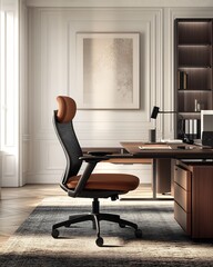Fototapeta premium Professional office setup featuring premium ergonomic chair paired meticulously arranged desk space environment impeccably clean modern furniture high end desk accessory contributing efficient