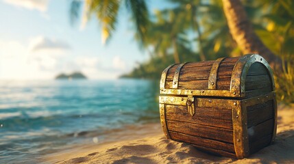 Fototapeta premium Antique wooden treasure chest on a tropical beach with palm trees