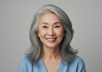 Fototapeta premium Smiling asian woman with gray hair and a blue top, looking at the camera