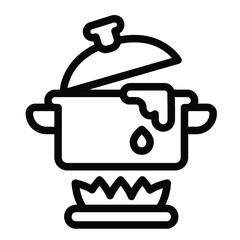 Boiling water pot on fire line icon, culinary cooking concept. Vector graphics. Pot on gas fire flame, water heating sign on white background, style for mobile or design.