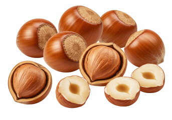 A cluster of whole and halved hazelnuts revealing inner textures