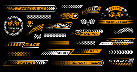Race sport car stripe stickers, checker decals. Motocross competition retro patterns, motorsport championship. Rally racing decals set with victory checkered flag
