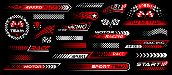 Racing sport car stickers and race line decals with checkered pattern, vector stripes. Auto art decals patterns and labels © FourLeafLover