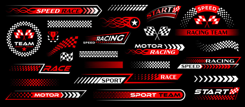 Racing sport car stickers and race line decals with checkered pattern, vector stripes. Auto art decals patterns and labels