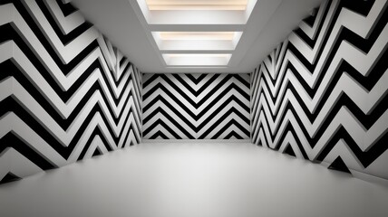 Obraz premium Dynamic minimalist black and white geometric pattern room modern interior design creative space sharp angles contemporary aesthetic