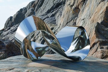 Polished, reflective metal ribbon sculpture resting on rugged coastal rocks.
