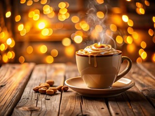 Obraz premium Cozy Cafe Latte: Creamy Toffee Nut Coffee Drink on Wooden Table with Bokeh