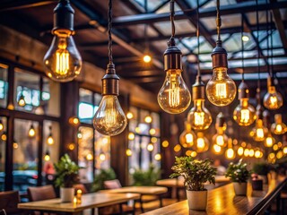 Obraz premium Cozy Cafe String Lights: Drone View of Hanging Bulbs, Festive Indoor Decor